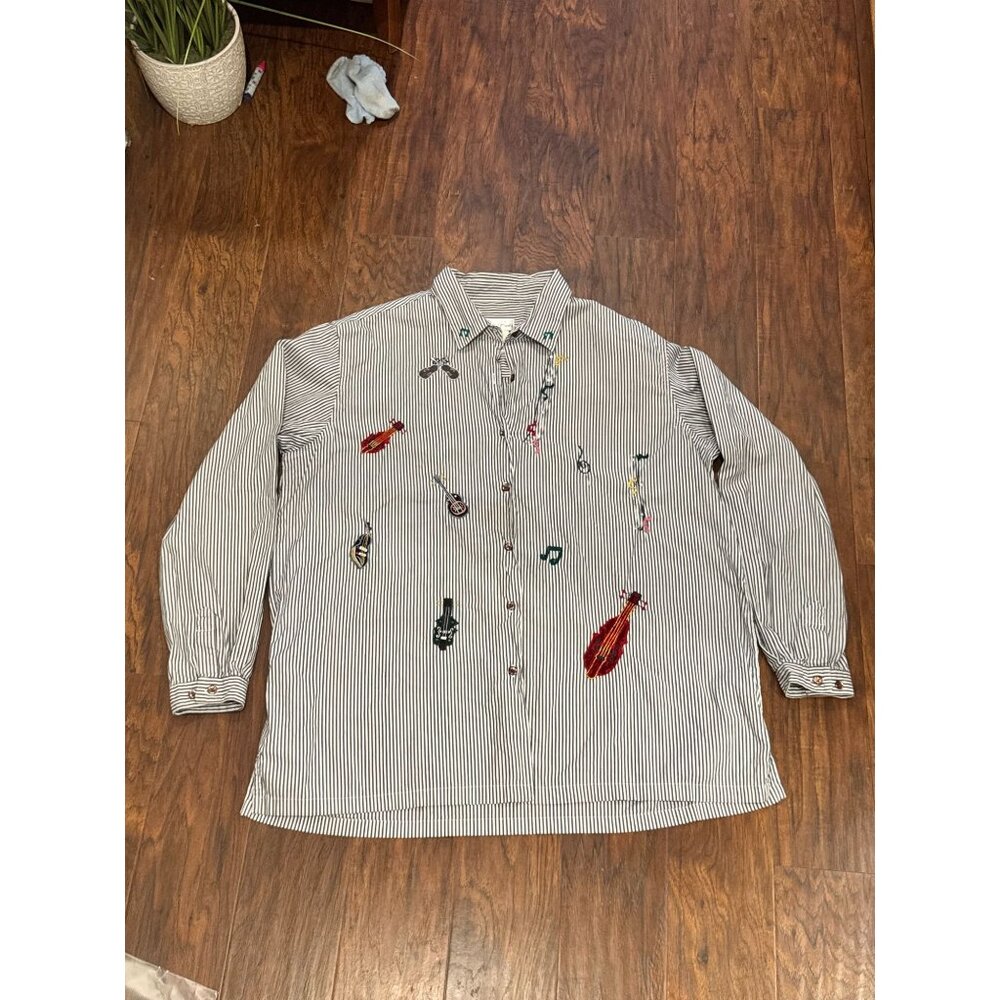 VTG Bobbie Brooks Striped Shirt Musical Instruments Embroidery XL Music Teacher